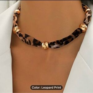 Leopard Print Choker Necklace with Gold Accents - Women Jewelry